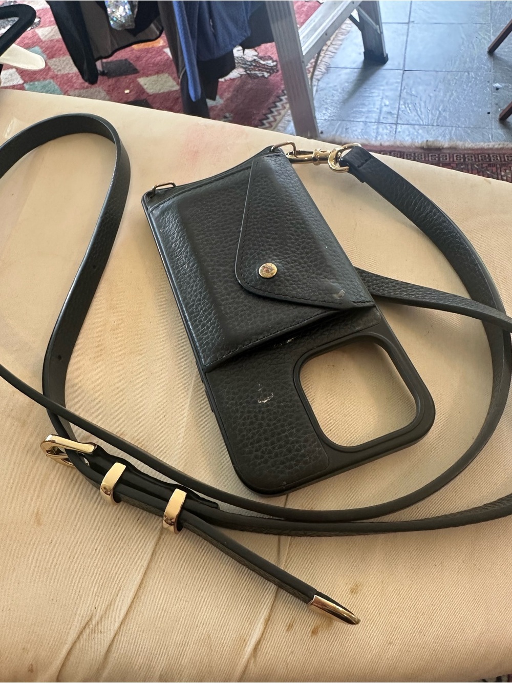 Black Leather Crossbody Phone Case with Card Pocket -